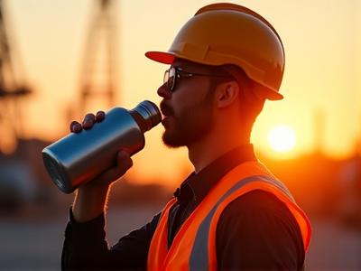 Construction worker drinking water on site